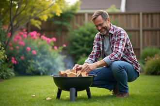 Homme souriant en jardinage avec briquettes de bois