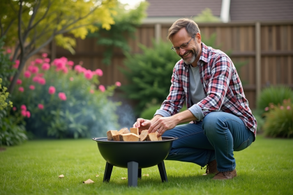 Homme souriant en jardinage avec briquettes de bois