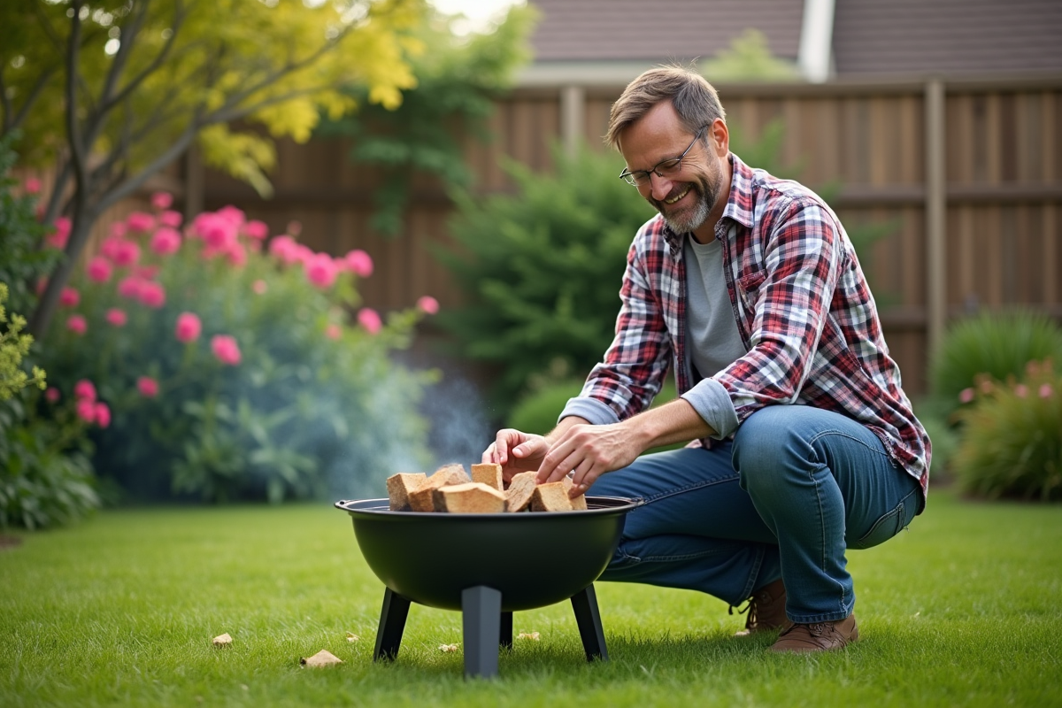Homme souriant en jardinage avec briquettes de bois
