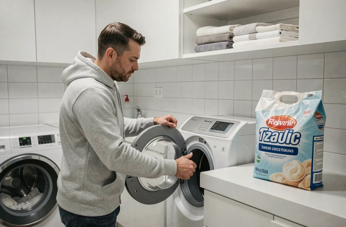 Homme chargeant un lave-linge avec un grand format de lessive économique dans une buanderie moderne