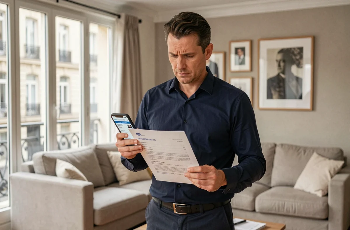 Homme comparant les avis assurance habitation Acheel avec son smartphone et un document papier dans un salon