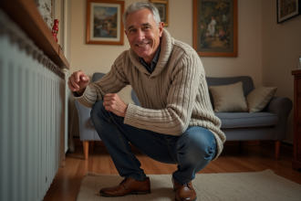 Homme d'âge moyen souriant près d'un chauffage électrique