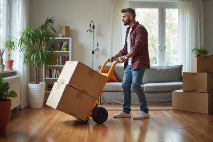 Homme d'âge moyen manipulant des cartons dans un salon lumineux