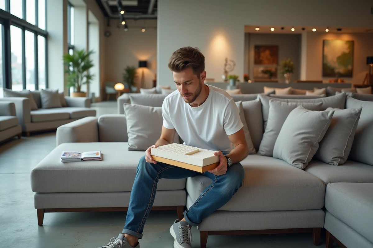 Jeune homme examinant des echantillons de matelas sofa