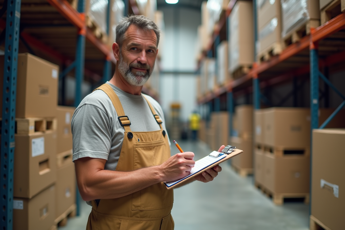 Homme en overalls note dimensions dans un entrepôt