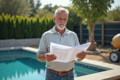 Homme d'âge moyen examinant des devis pour piscine en jardin