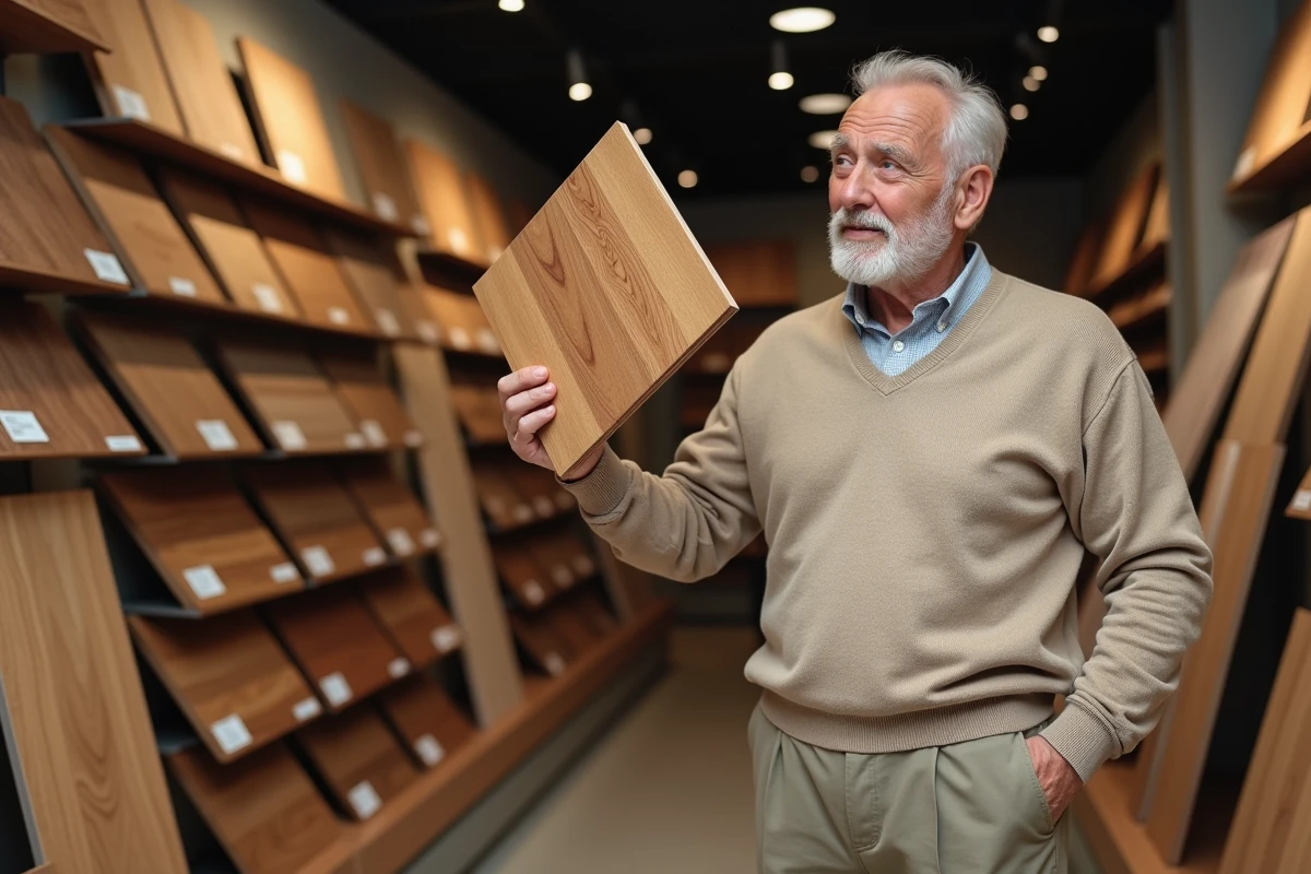 Homme analyse un échantillon de parquet en magasin