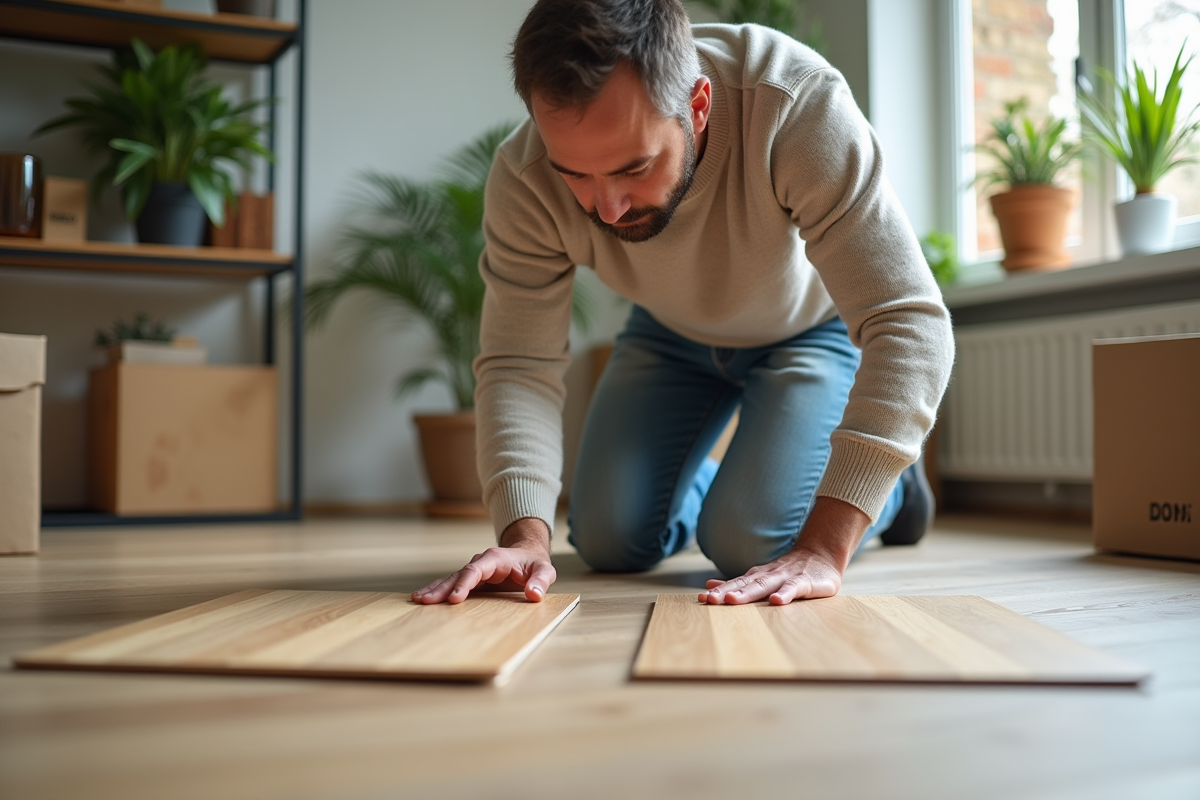 Homme d'âge moyen examinant des échantillons de laminate dans un salon lumineux