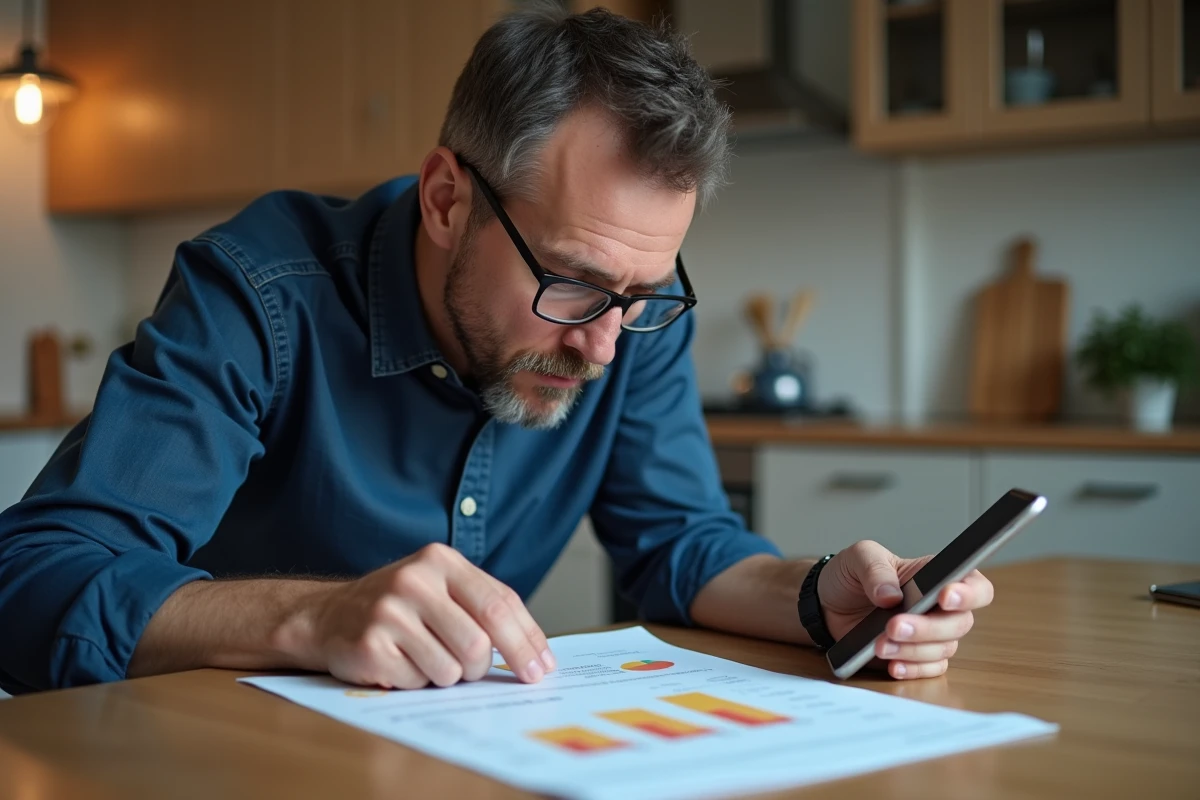 Homme analysant une facture d'électricité et une application de suivi de consommation énergétique