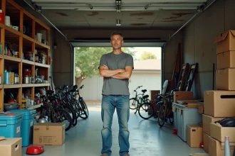 Homme debout dans un garage encombré de cartons et d'outils avant un débarras
