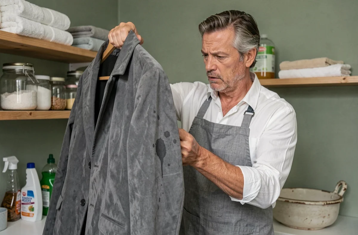 Homme inspectant une tache d'eau sur une veste en daim gris dans une buanderie domestique organisée