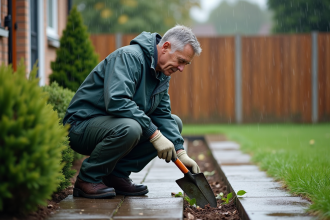 Homme en équipement pluie nettoyant une gouttière avec une pelle
