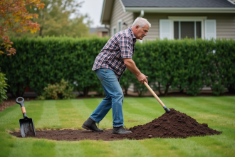 Homme en jeans et chemise à carreaux travaillant dans le jardin