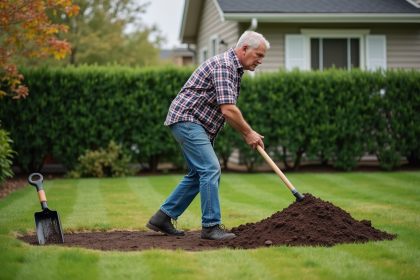 Homme en jeans et chemise &agrave; carreaux travaillant dans le jardin