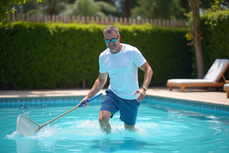 Homme d'âge moyen nageant dans la piscine du jardin