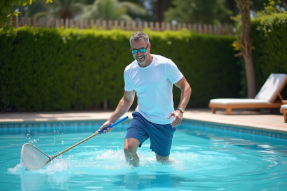 Homme d'&acirc;ge moyen nageant dans la piscine du jardin