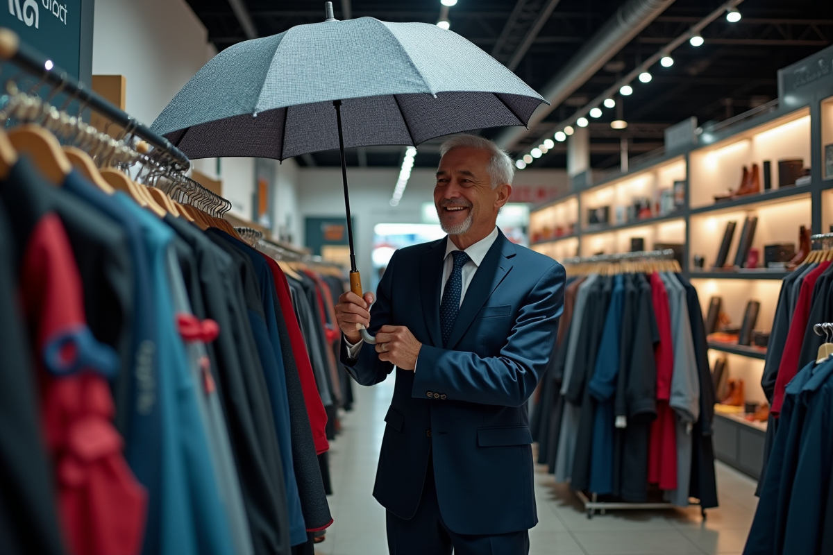 Homme en costume navy testant un parapluie dans un magasin