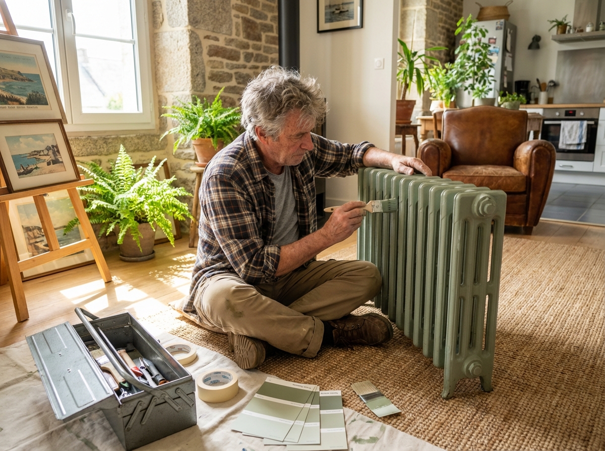 Homme &acirc;g&eacute; repeignant un radiateur dans un int&eacute;rieur breton