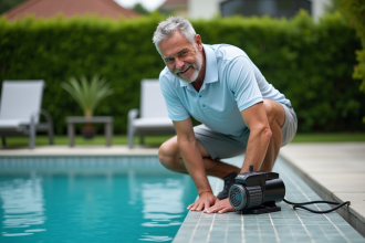 Homme d'âge moyen ajustant la pompe de piscine dans un jardin