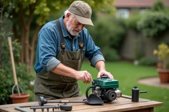 Homme en tenue de travail verse de l'huile près d'un moteur de coupe bordure