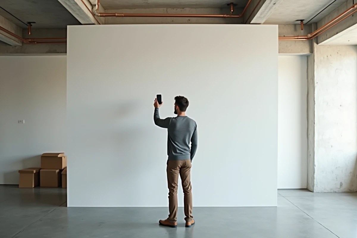 Homme utilisant la réalité augmentée d'une appli déco pour visualiser des meubles dans un appartement rénové