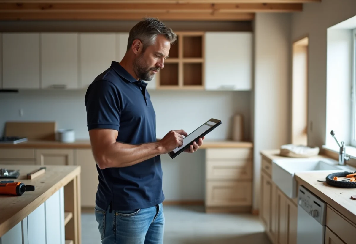 Homme en polo et jeans vérifiant une checklist dans une cuisine en rénovation