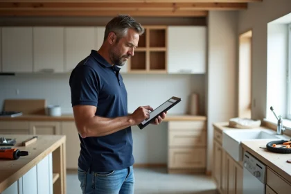 Homme en polo et jeans v&eacute;rifiant une checklist dans une cuisine en r&eacute;novation