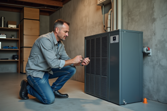 Homme en tenue casual réparant un ventilateur dans un sous-sol