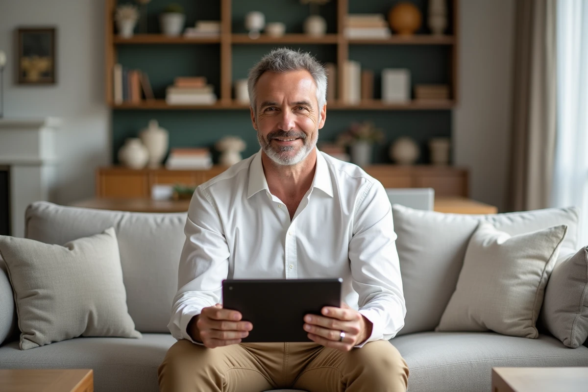 Homme souriant avec tablette dans un salon lumineux