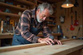 Homme d'âge moyen ponçant un bord de table en bois dans un atelier