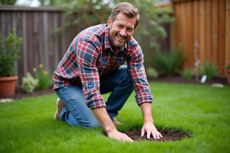 Homme d'âge moyen semant du gazon dans son jardin