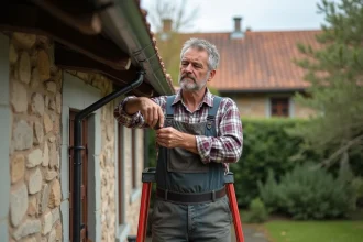 Hommes en overalls soudant des gouttières zinc sur une maison ancienne