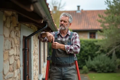 Hommes en overalls soudant des gouttières zinc sur une maison ancienne