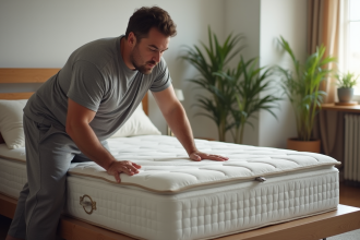 Homme en train d'évaluer un matelas dans une chambre moderne