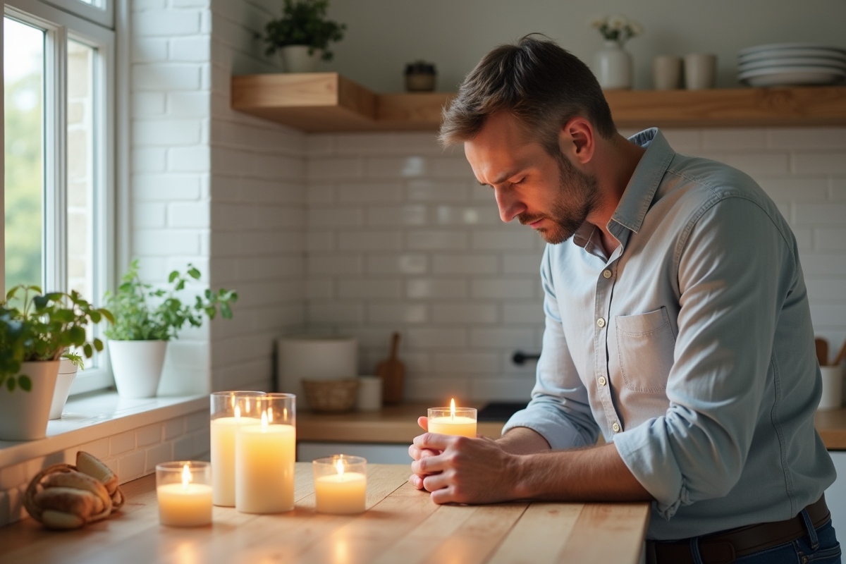 Homme sentant une bougie allumee dans une cuisine lumineuse