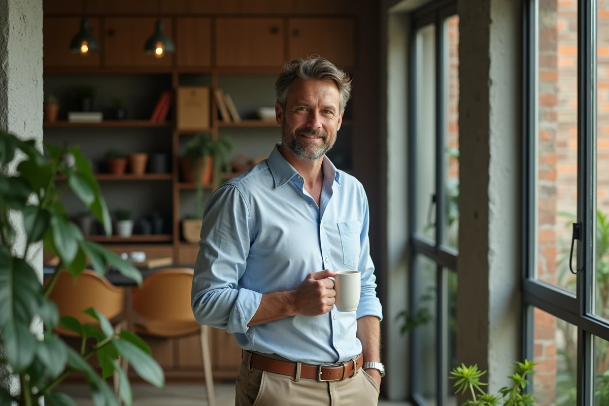 Homme dans un bureau lumineux avec cloison en acier