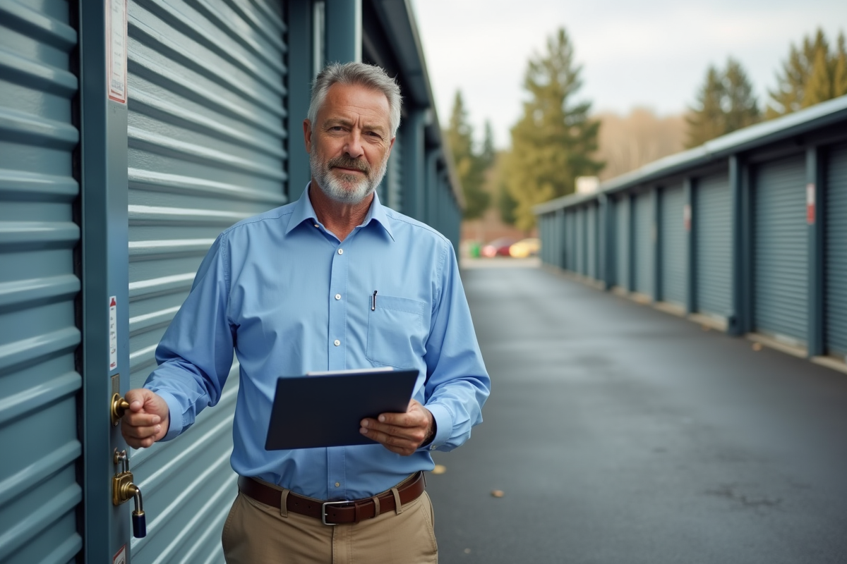 Homme fermant un espace de stockage avec un cadenas en extérieur