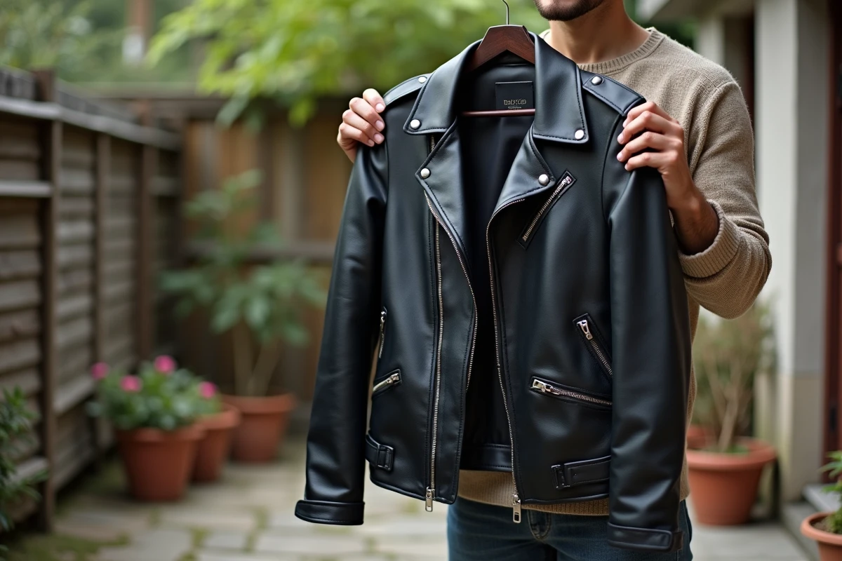 Jeune homme vérifiant une veste en cuir noire en extérieur