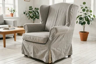 Fauteuil classique en cours de transformation avec une housse en lin gris pâle dans un salon scandinave