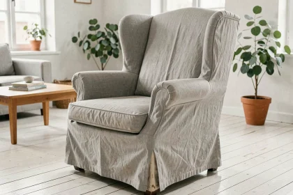 Fauteuil classique en cours de transformation avec une housse en lin gris pâle dans un salon scandinave