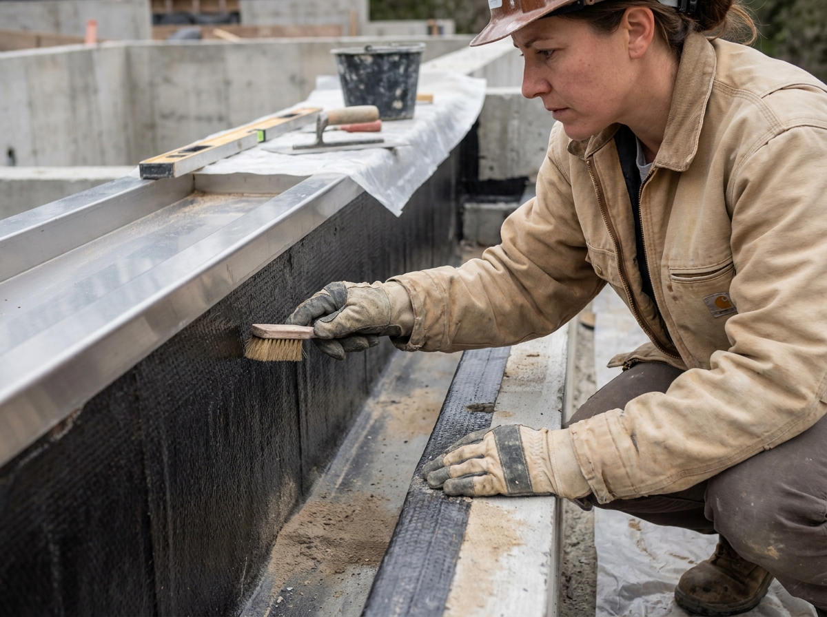 Technicienne inspectant le canal de débordement et l'étanchéité d'une piscine à débordement en cours de construction