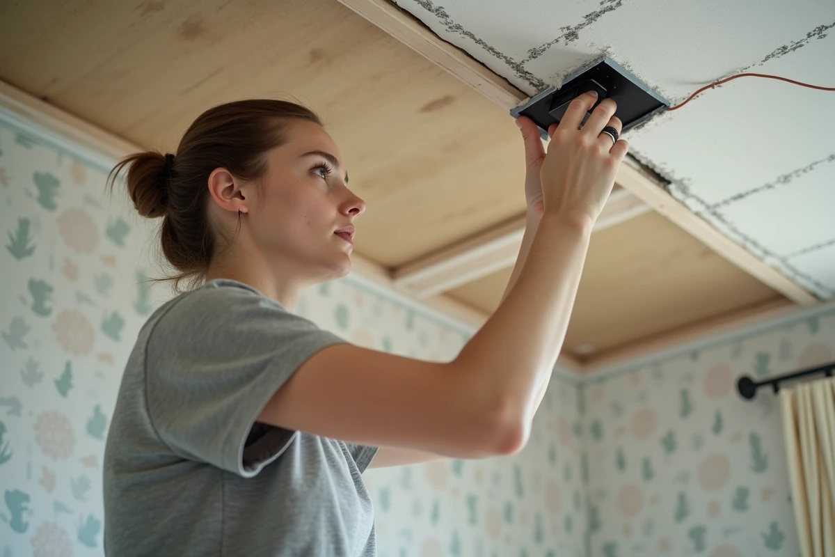 Jeune femme vérifiant un domino électrique au plafond