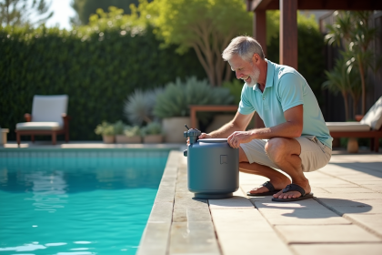 Homme inspectant un filtre à sable de piscine extérieur
