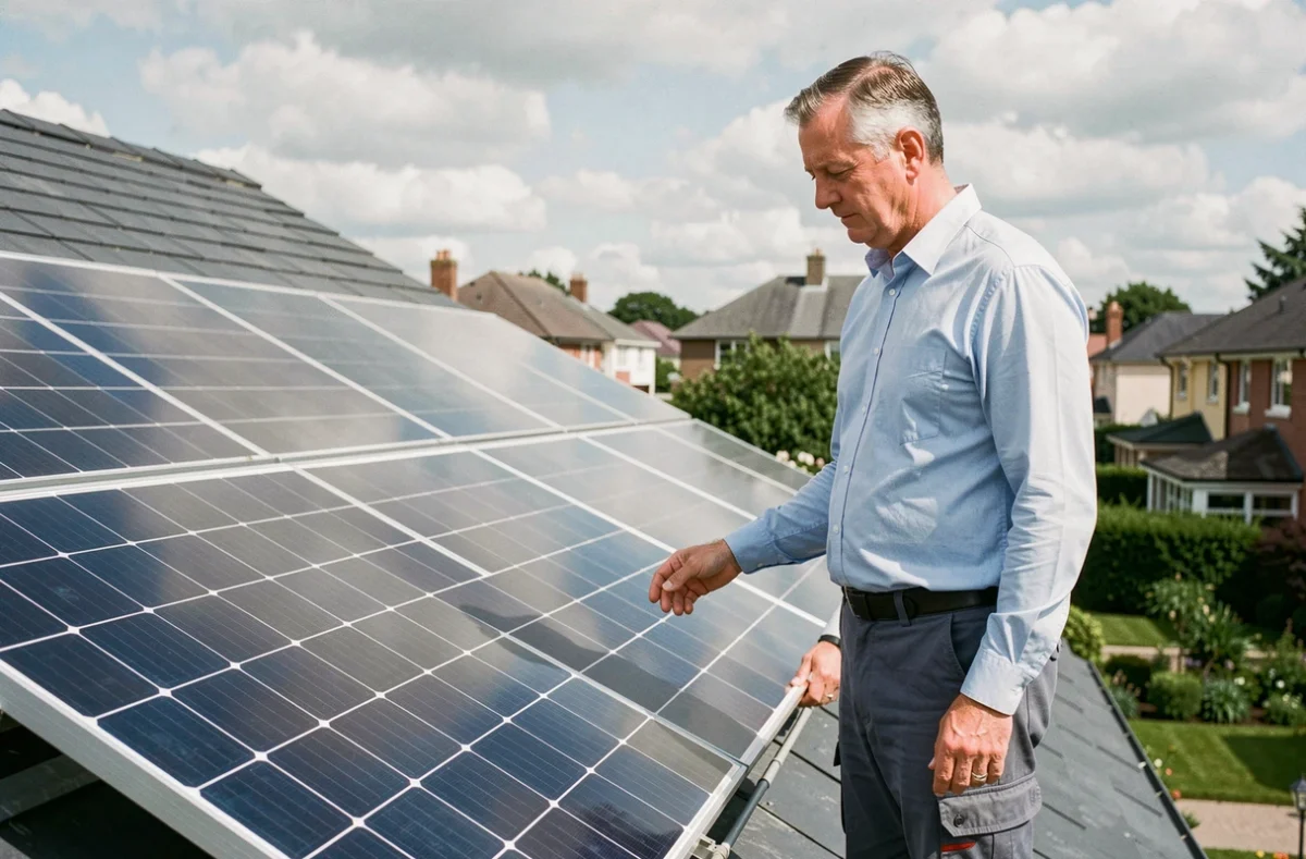 Homme inspectant des panneaux solaires photovoltaïques installés sur le toit d'une maison individuelle