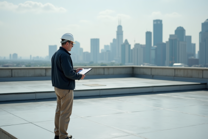 Ouvrier inspectant la membrane d'une terrasse sur un toit urbain