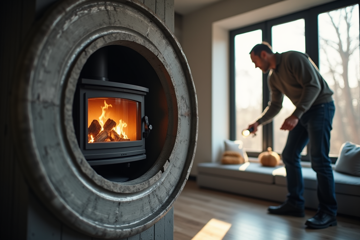 Inspection d'un conduit de cheminée en inox brillant dans une maison moderne