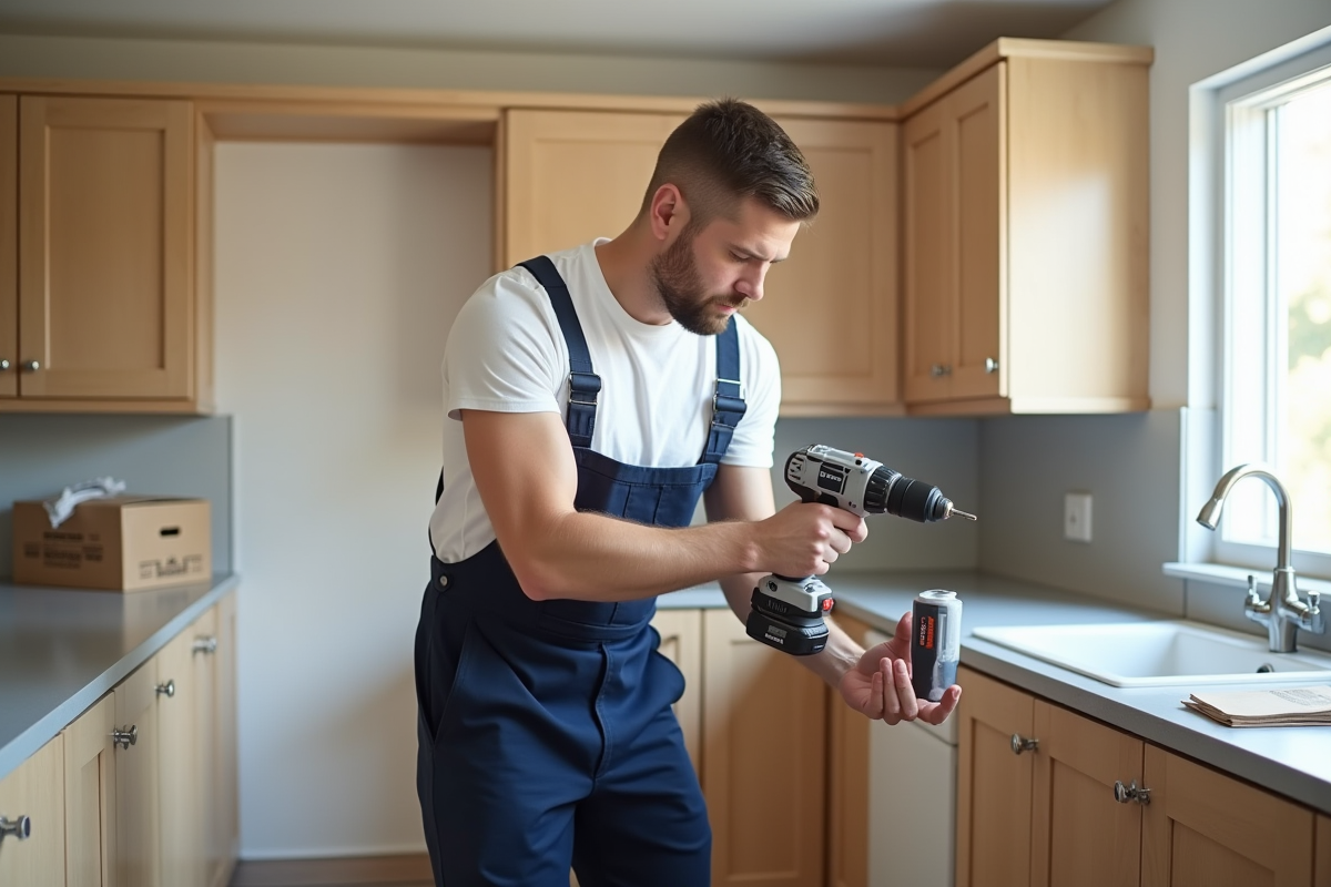 Installateur en tenue de travail ajuste une porte de cuisine moderne
