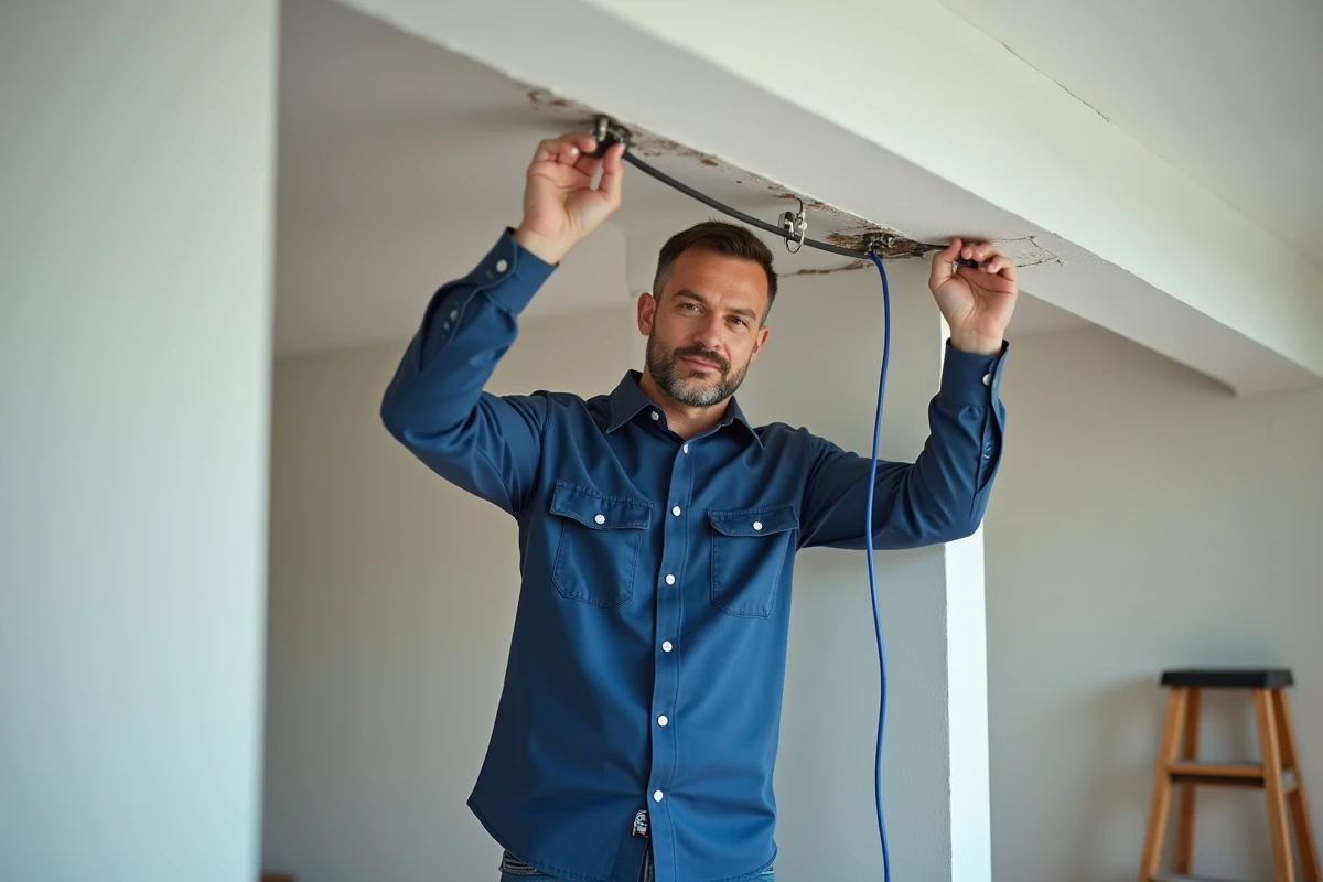 Homme moyenâgeux en bleu installant un domino électrique au plafond