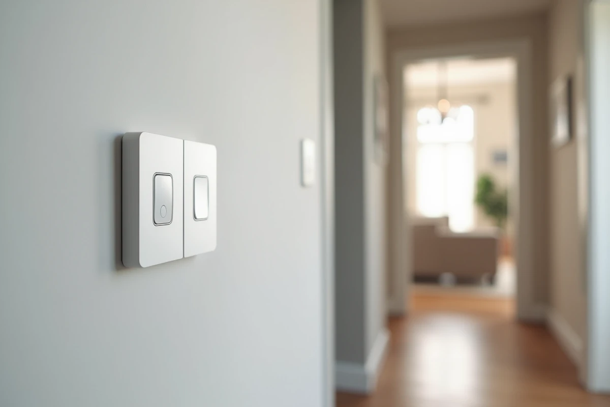 Tableau mural avec bouton poussoir Legrand Céliane et interrupteur classique installés dans un couloir de maison moderne rénovée