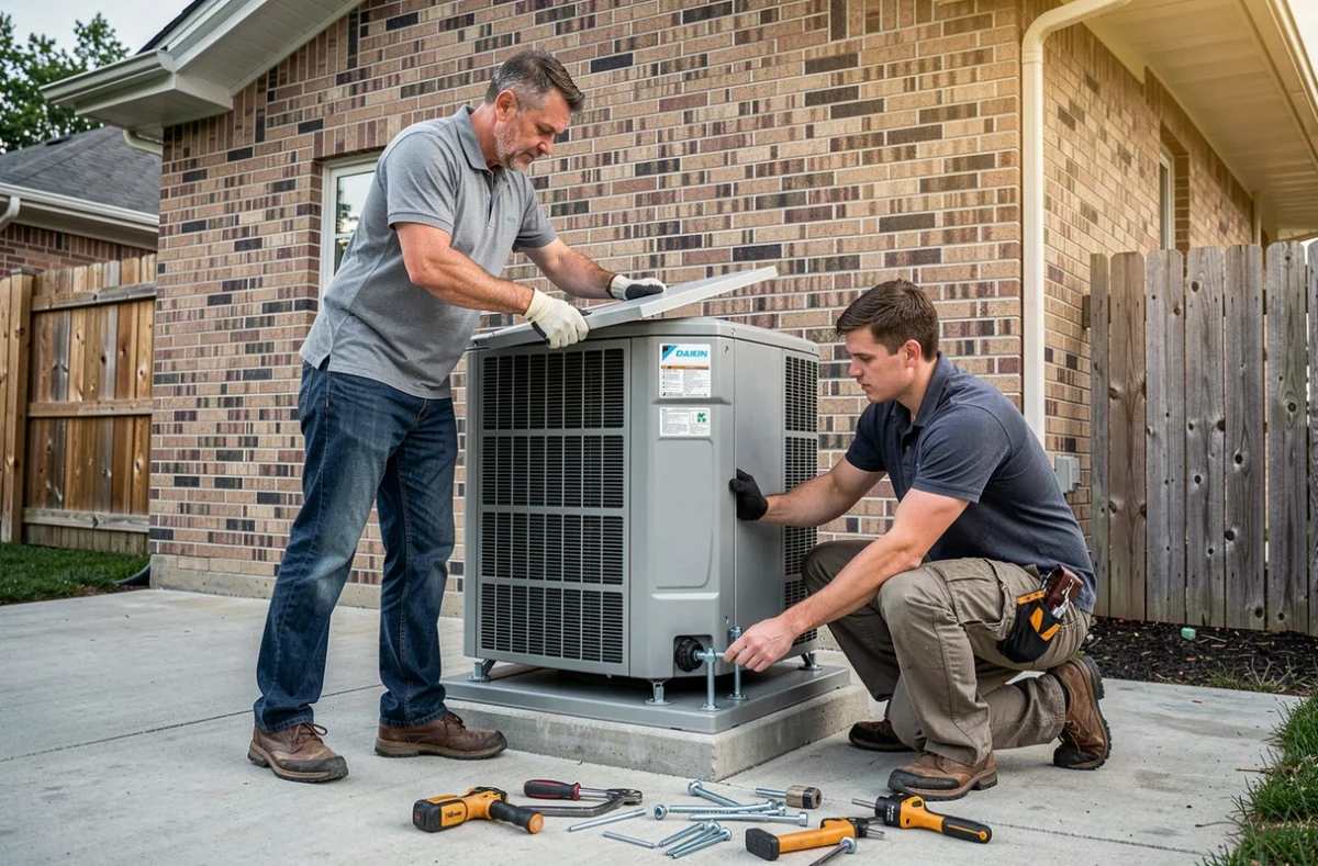 Deux techniciens en train d'installer un caisson acoustique autour d'une unité extérieure de pompe à chaleur Daikin